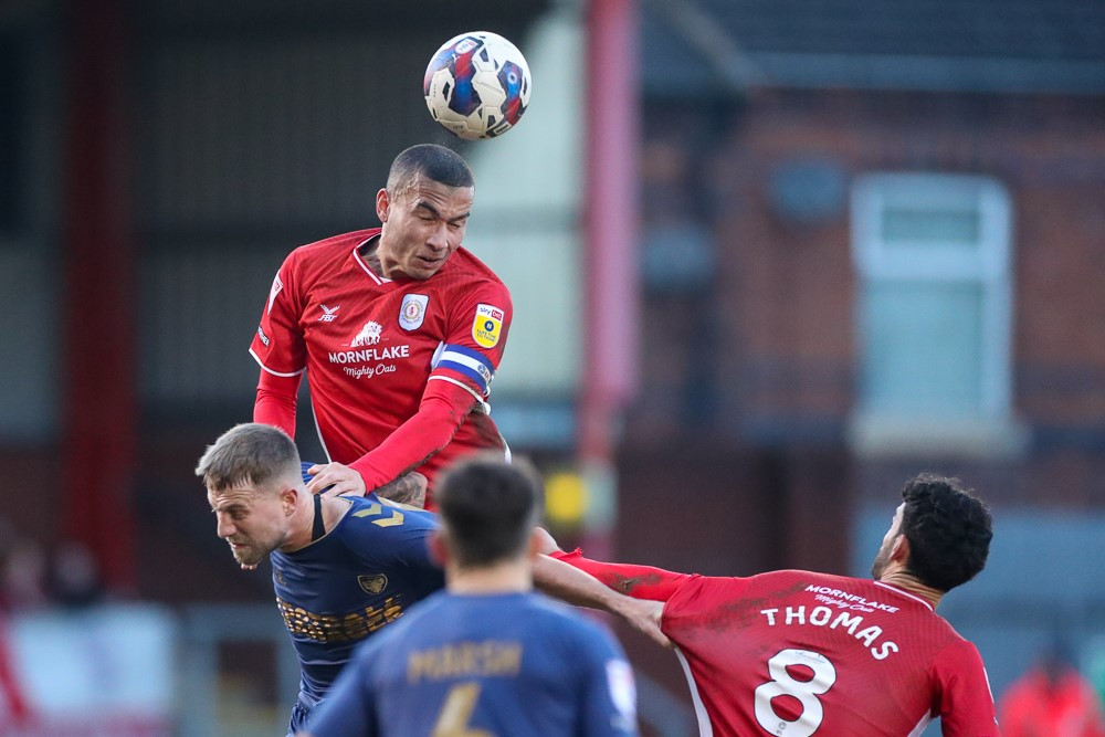 Acting Crewe skipper Rod McDonald's dominant display at the back helped Crewe register their 9th clean sheet in League Two this season (Picture credit: Kevin Warburton).