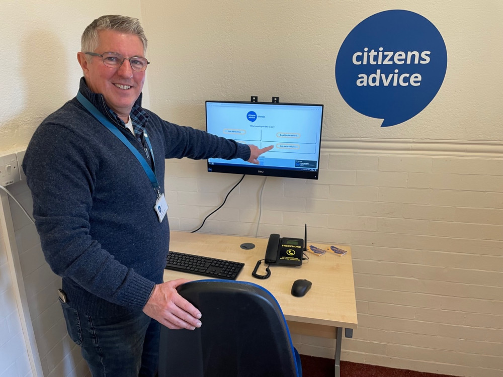 Ian Byworth, CEO Citizens Advice Mendip, demonstrates the new kiosk at the Portway Annexe in Wells Ian Byworth, CEO Citizens Advice Mendip, demonstrates the new kiosk at the Portway Annexe in Wells