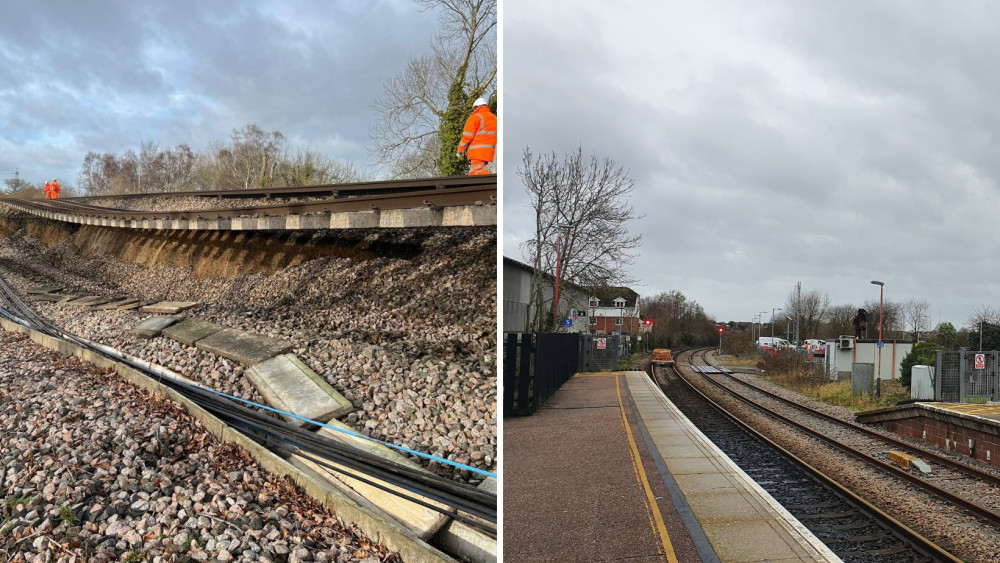 L: A landslip has taken place near Hook (Credit: SWR) R: Honiton Train Station 