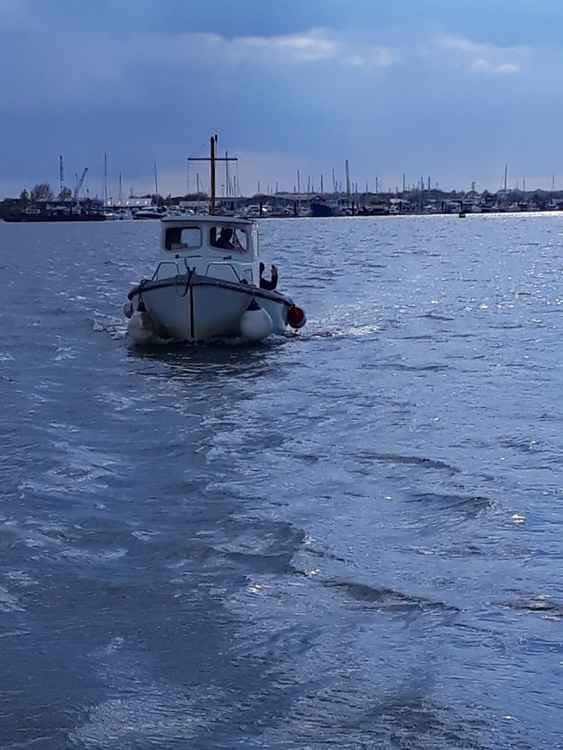 Karen arriving in Burnham-on-Crouch from Wallasea Island