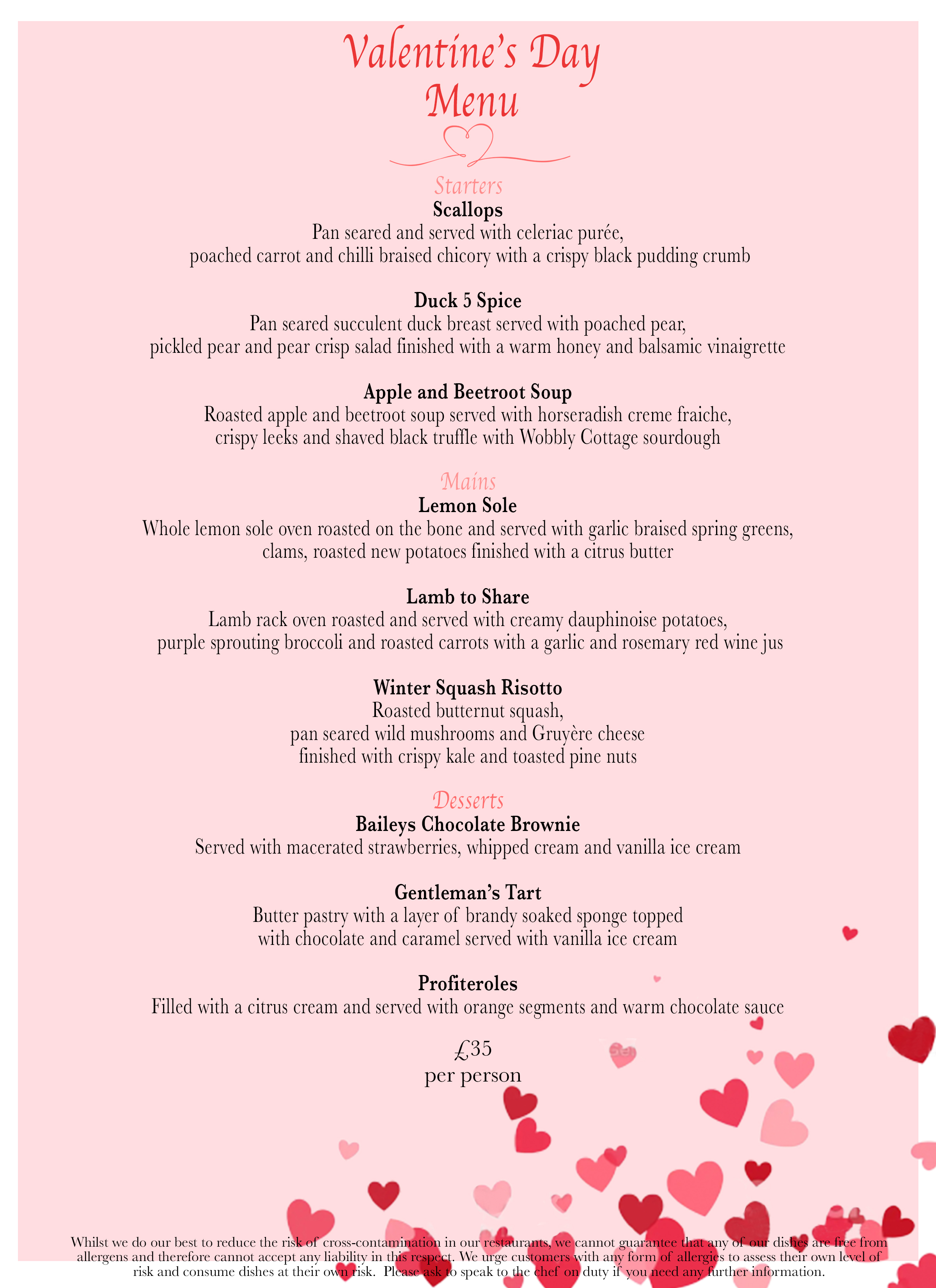 The special Valentine's Day menu is on offer for just £35 per head