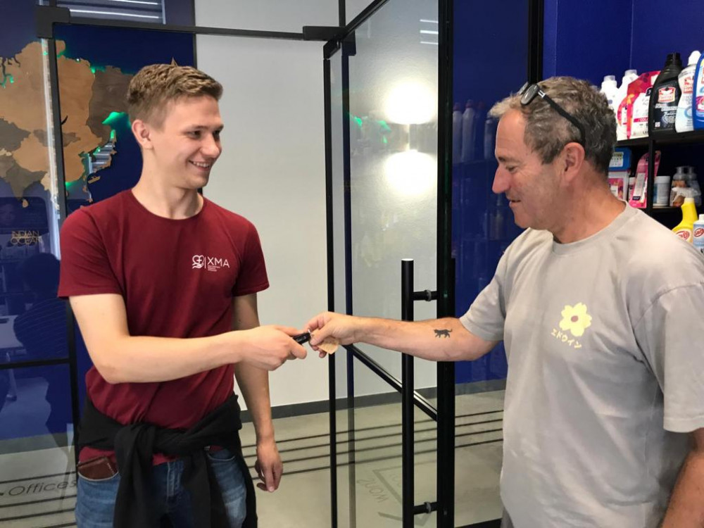 Organiser Simon Brake (right) of the Teddington to Ukraine mission hands over the keys  to the President of the Christian Medical Association Ukraine (CMAU) Rudi Migovich. 