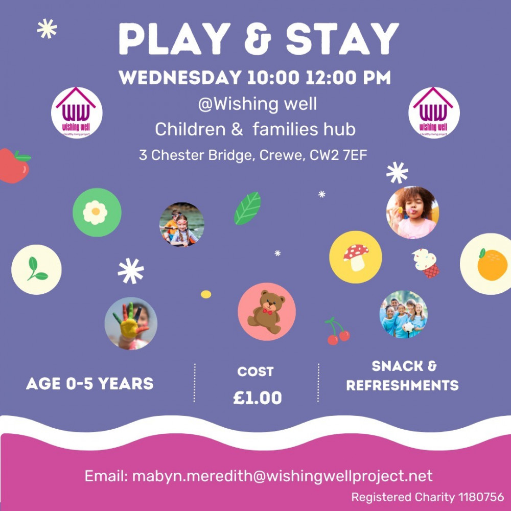 Play & Stay, Ages 0 - 5 years, every Wednesday morning at the Wishing Well Children and Families Hub.