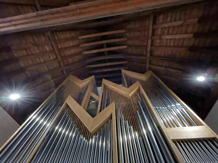 The organ in St Mary's, showing the Zimbelstern in memory of Kieran