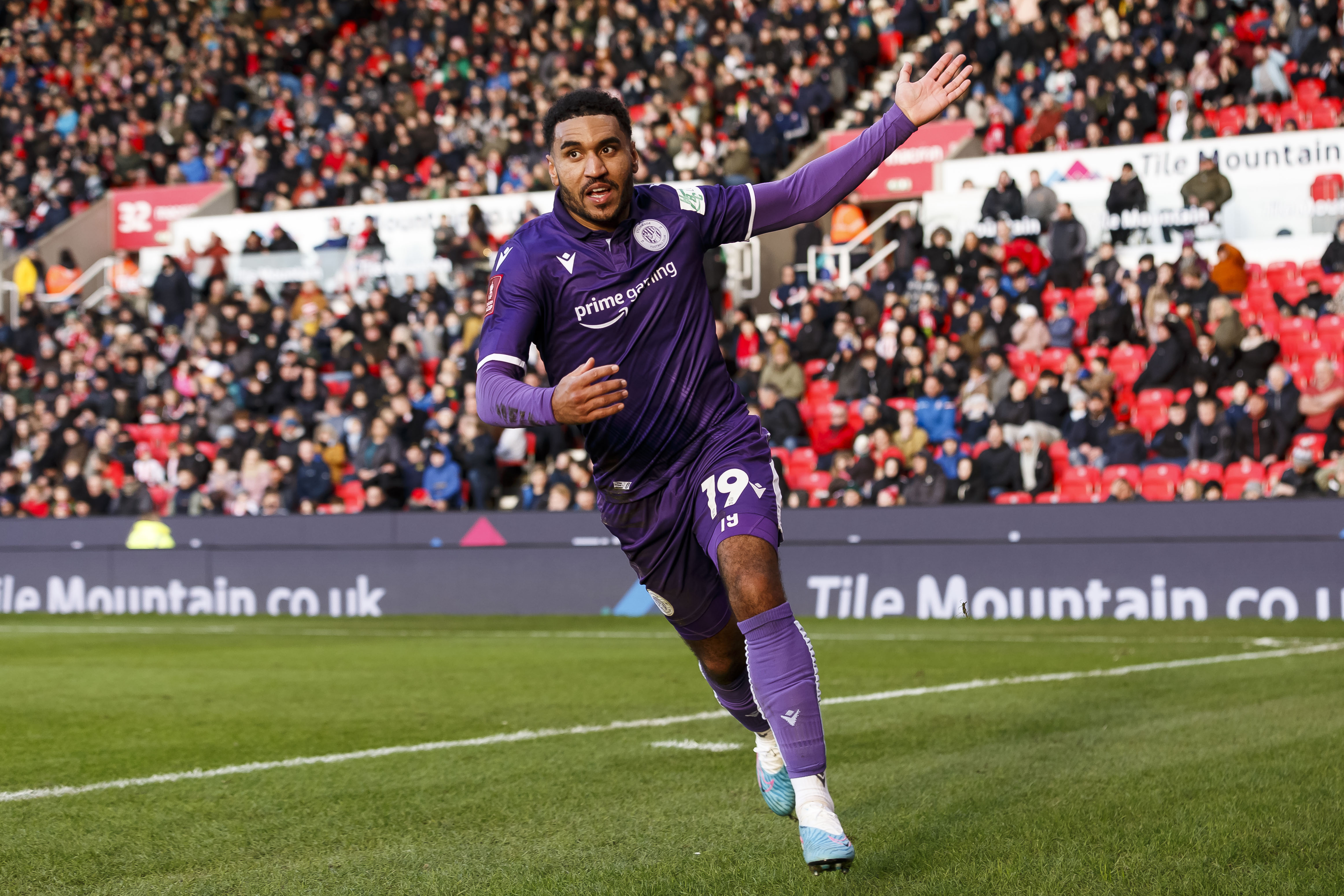 29 January 2023, Stoke on Trent - Emirates FA Cup Fourth Round Football - Stoke City v Stevenage. Jamie Reid of Stevenage celebrates after scoring their first goal to equalise and make the score 1-1 (photo by Daniel Chesterton). All pictures licensed to Layth Yousif / Gooner Fanzine courtesy of Offside Sports Photography / Daniel Chesterton. Any unauthorised use will result in breach of copyright (C) 