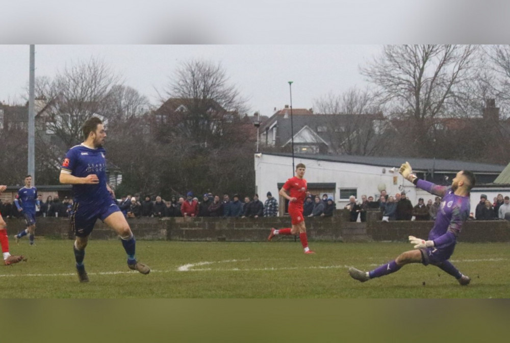 Jordan Harris putting Exmouth Town FC three goals up (Gerry Hunt)