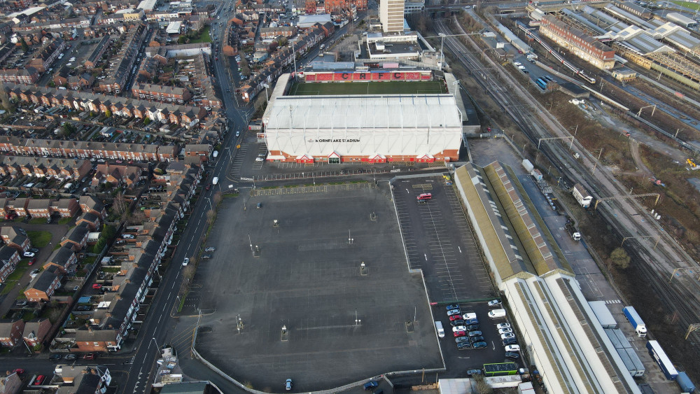 An aerial view of Mornflake Stadium Car Park, Gresty Road (Des Evans).