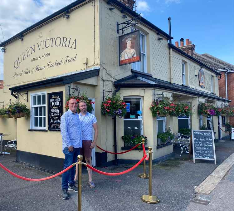 James and husband Paul outside the Queen Vic in Maldon