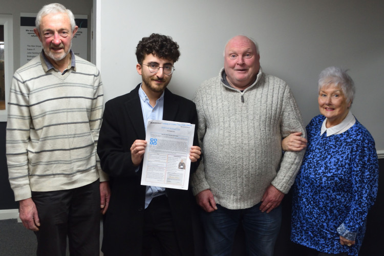 Graham (first from left), George (third from left), Oli (fourth from left) with Macclesfield Nub News Editor Alexander Greensmith. (Image - Grenville Leah / The ALEX Project)