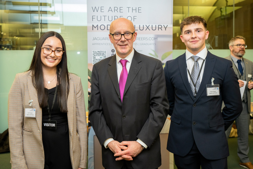 MP Matt Western with degree apprentices Frazer Balzan and Erin Purewal (image via Jaguar Land Rover)