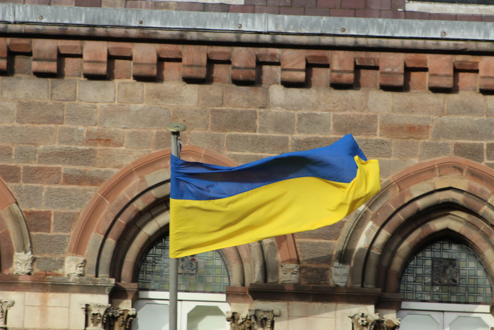 A Ukrainian flag outside Congleton Town Hall last week. (Image - Alexander Greensmith / Congleton Nub News)