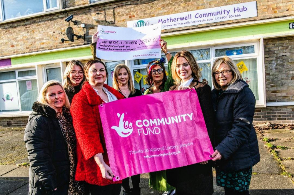 Coronation Street star, Sally Carman, joins Motherwell Cheshire charity founder, Kate Blakemore, chair of trustees, Jane Tomlinson, and team members to celebrate Lottery funding for the Believe Project (Jan Roberts).