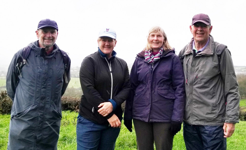 (l to r) Larry, Clare, Sue and Peter at the start of their walk in the rain that fell relentlessly on the day of recording.