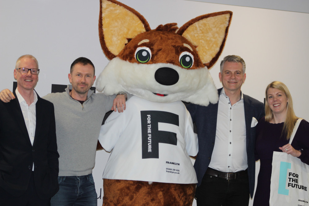 Left to right: Franklyn's Stephen Parratt, Technical Director, Anthony Ashworth, Director and Chartered Financial Planner, Franklyn Fox, financial education mascot, Andrew Chatterton, Managing Director and Chartered Financial Planner, and Charlotte Chatterton, Operations Director. (Image - Alexander Greensmith / Congleton Nub News) 