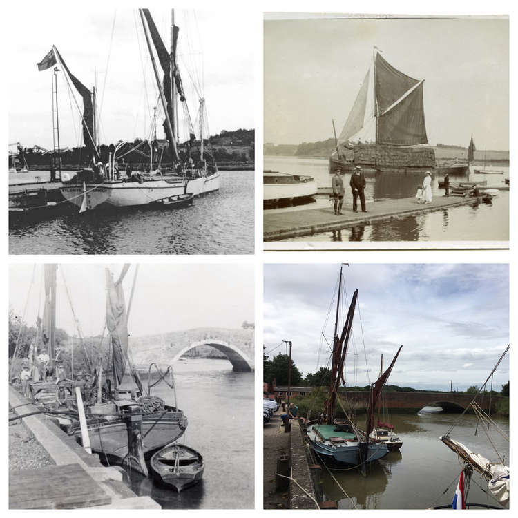 Barges at Wivenhoe, Woodbridge and Snape (then and now).  Details in text.  Pictures courtesy of Mersea Museum/Ron Green.