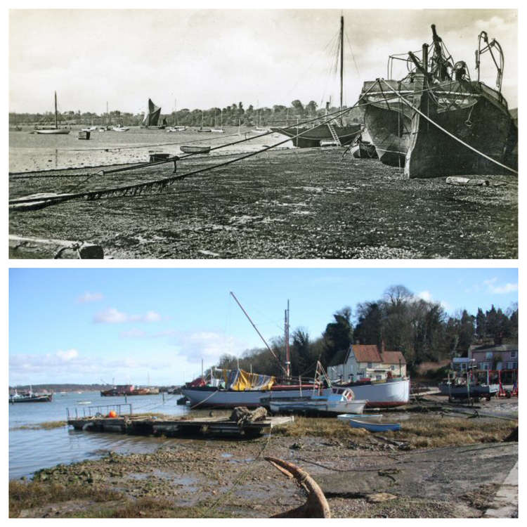 Pin Mill then and now (old picture courtesy of Mersea Museum/Ron Green)