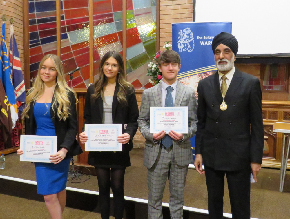 Winners from Princethorpe College with Mayor of Warwick Cllr Parminder Sigh Birdi. The team was Eloise Keil, Charlotte Frost and Tom Lomas (image by Rotary Club of Warwick)