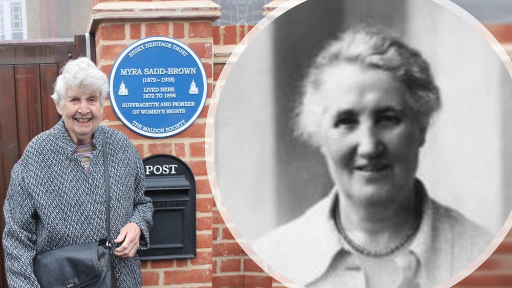 Maldon-born Myra Sadd-Brown (inset, right) was commemorated with a blue plaque outside her former home, in a ceremony attended by her granddaughter, Lady Diana Dollery (left). (Photos: Nub News)