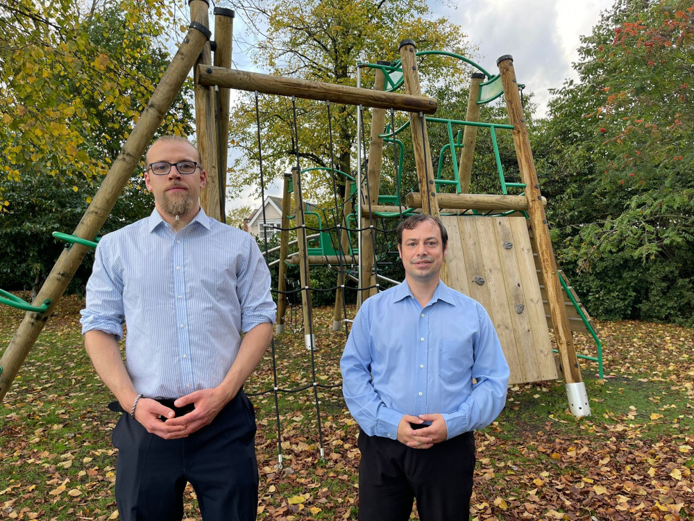 Councillors Lee Waters and Nick Parvin at the new children’s play area at Titchfield Park, Hucknall. Photo courtesy of Ashfield Independents. 