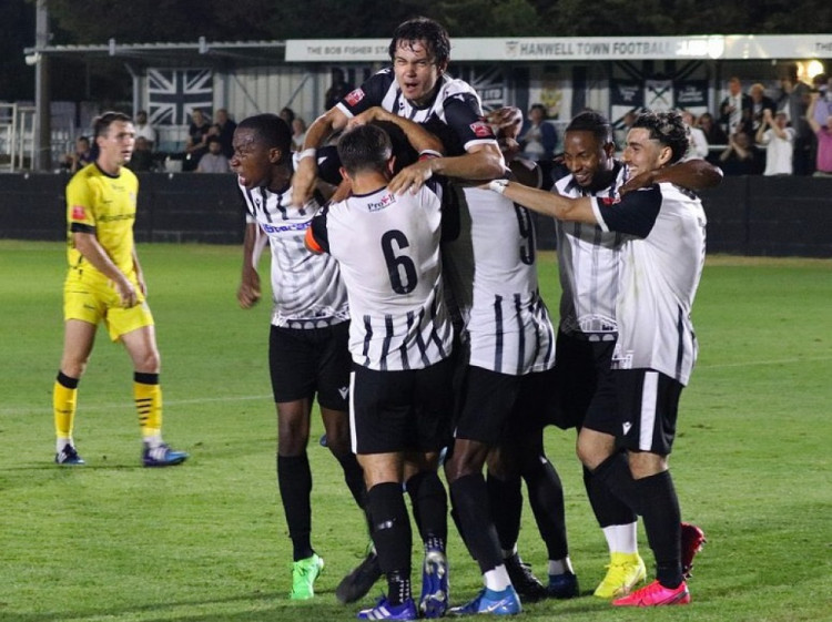 A 4-3 penalties win sees Hanwell Town make the Middlesex Charity Cup semi-finals. Photo: Hanwell Town. A 4-3 penalties win sees Hanwell Town make the Middlesex Charity Cup semi-finals. Photo: Hanwell Town.
