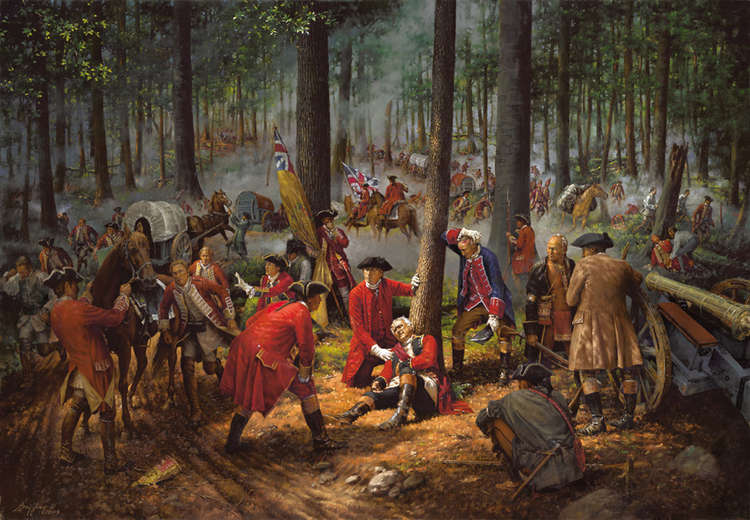 A painting of the battle showing Braddock wounded.  The figure in blue is probably intended to represent Washington