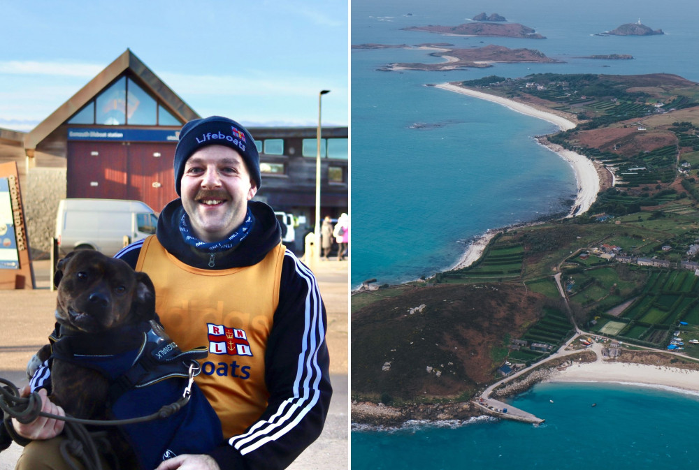 L: Tim Jones with dog Monty in Exmouth (Nub News). R: Isles of Scilly (Annie Spratt/ Unsplash)