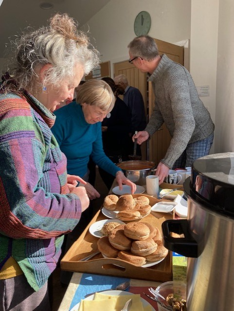 Sue Holland and Martin Staniforth our hosts at Creative Beings serve Pam Staunton (Devon Carers Ambassador)