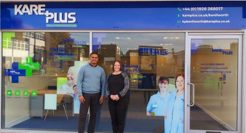 Franchise owner Kavi Pryagh with senior operations executive Tracey Frisby outside the record breaking branch of Kare Plus