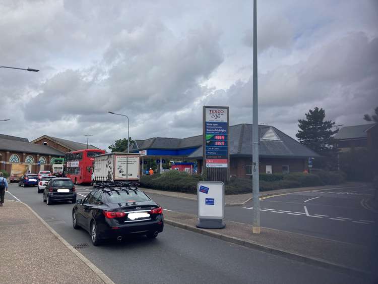 Motorists queueing for petrol at Tesco Extra on Fullbridge Road at around 1pm this afternoon