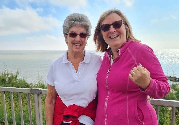 Councillor Stilts and her mum walking her dad's favourite stretch from Clacton to Frinton