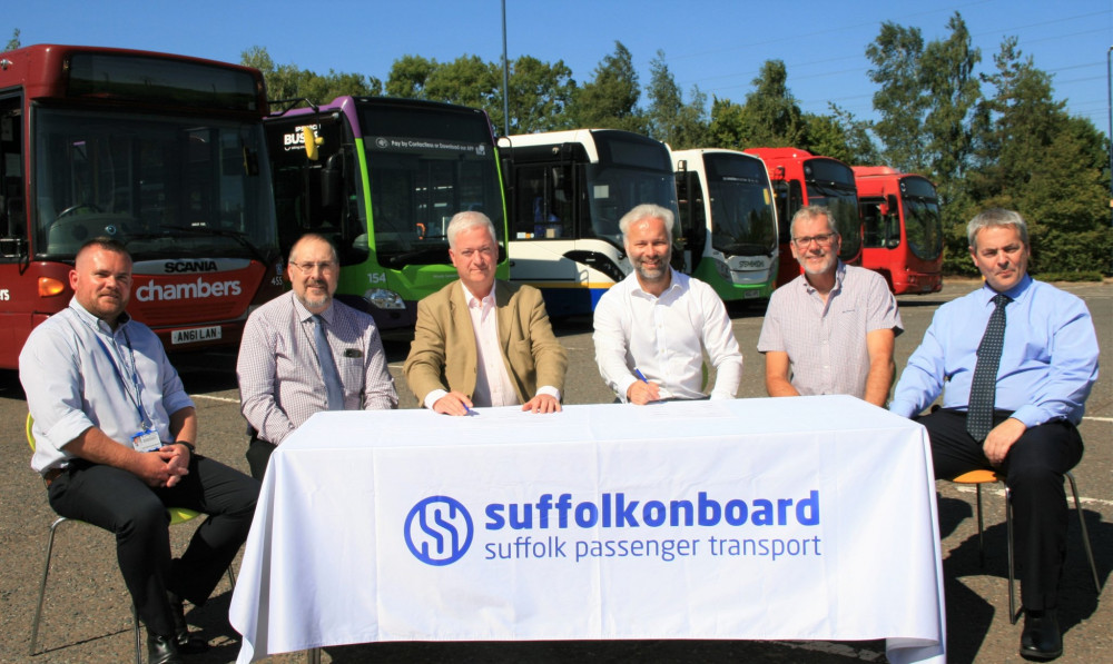 Members of the Suffolk Enhanced Partnership at the launch of the bus passenger charter – Daniel Butterfield, left, of Go East Anglia, Justin Wythe of Ipswich Buses, Councillor Alexander Nicoll, Steve Wickers, managing director of First Eastern Counties, Councillor Leigh Jamieson of the Green group at Babergh District Council, and Dean Robbie of Stevensons of Essex.