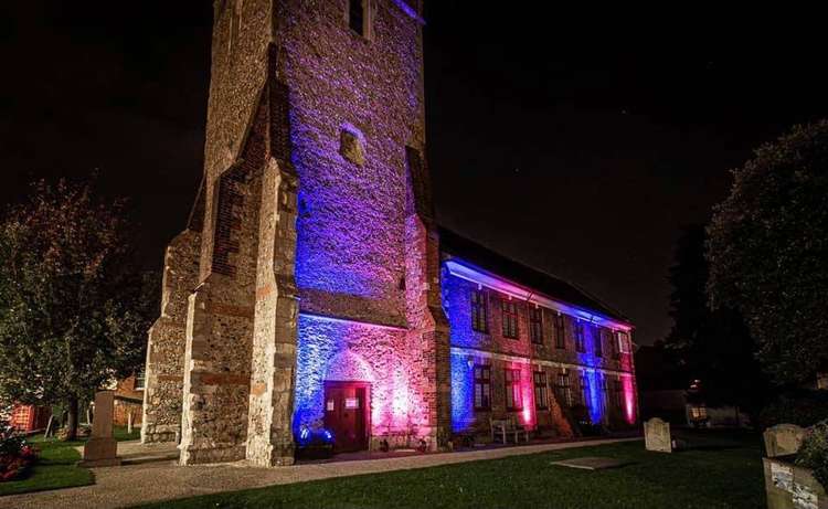 The Maeldune Centre lit up in pink and blue (Photo: Abby Ridgewell)