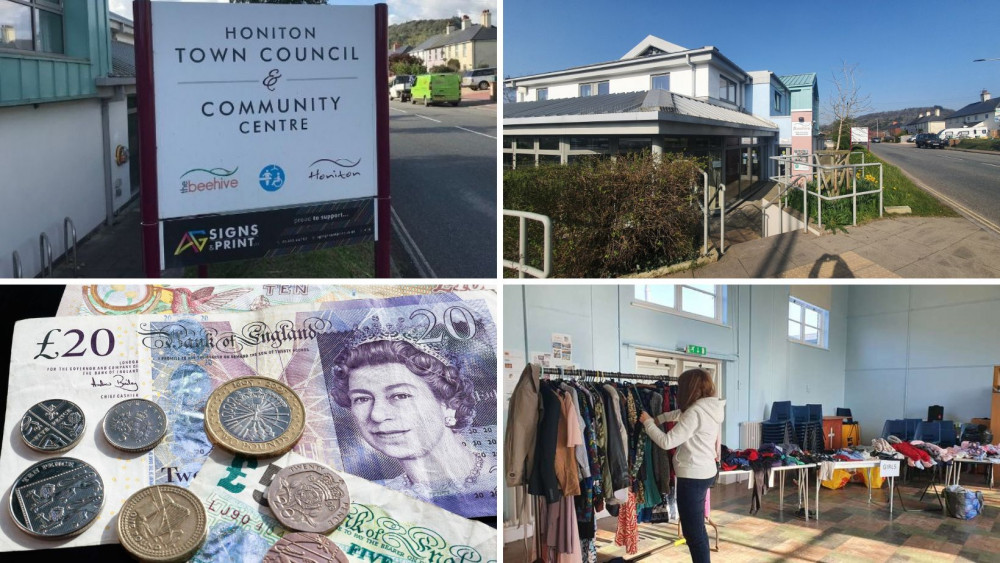 From top left: Honiton Town Council sign, The Beehive will host today's event, a previous Community Clothes Swap (Nub News photos)