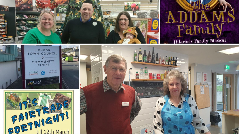 From top clockwise: Operation Rudolph fundraising event (Credit: OR) Addams Family Community Theatre (Credit: HCTC), The Beehive Café (Nub News) and Fairtrade Fortnight (Honiton Fairtrade) 