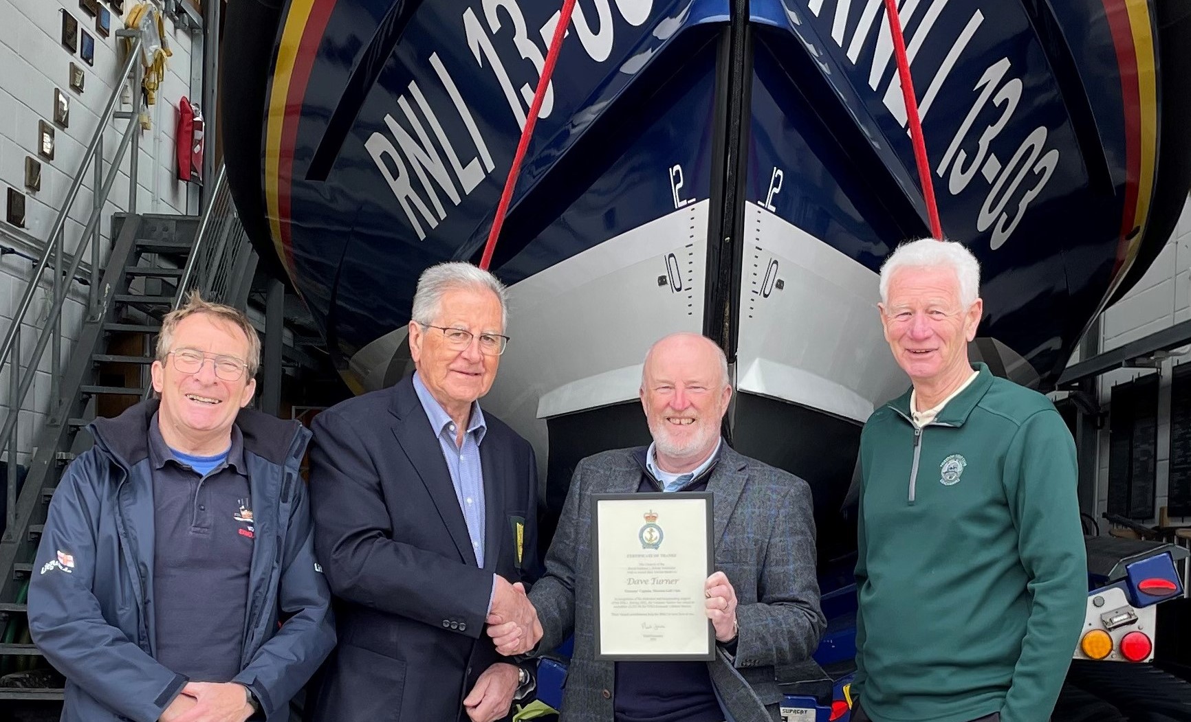 L to R: Des White, Dave Turner, Rob Anderson and Dave Hussey at the presentation of the RNLI Certificate of Recognition (Exmouth RNLI)