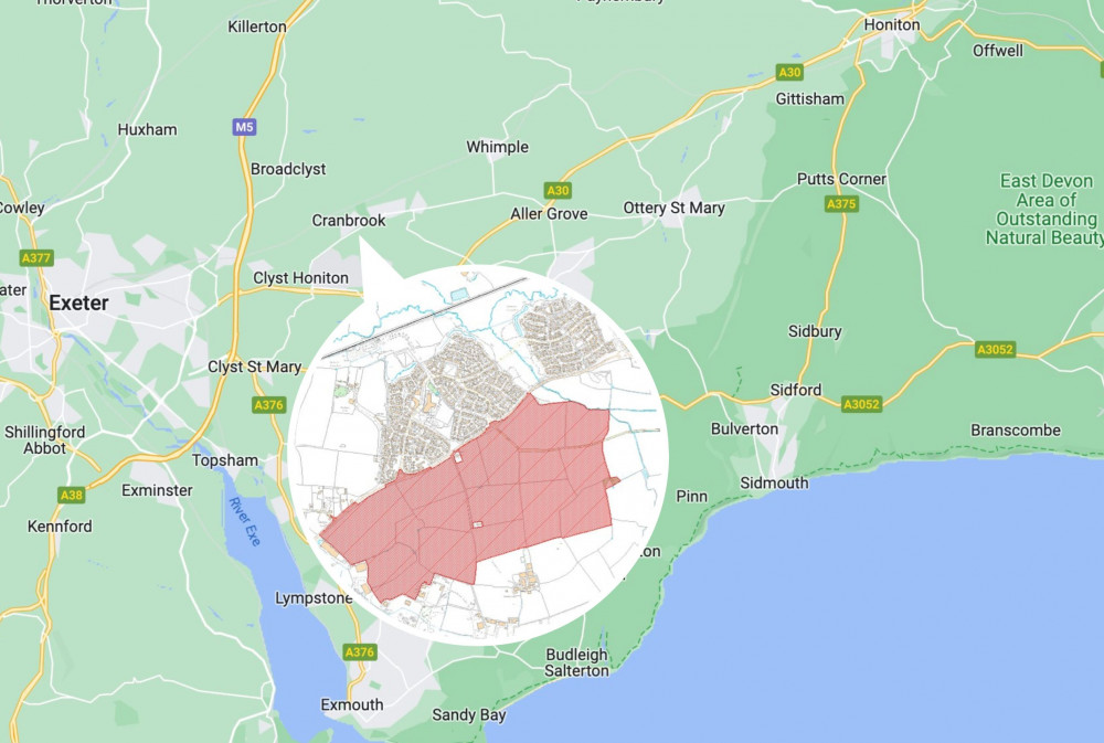 Approximate location of new development in East Devon (Google Maps). Inset: The development site (EDDC)