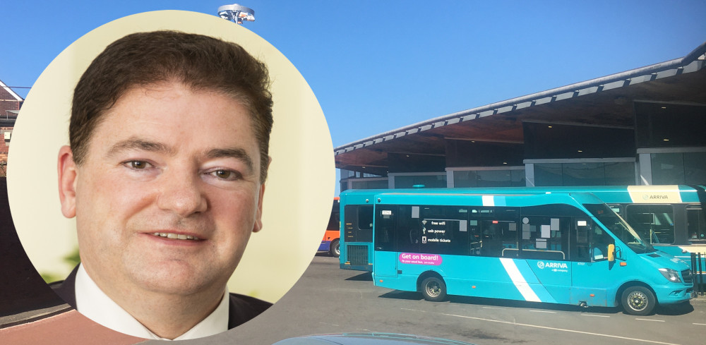 Cllr Craig Browne and two Macclesfield Arriva buses at Macclesfield Bus Station. (Image - Cheshire East Council / Macclesfield Nub News)