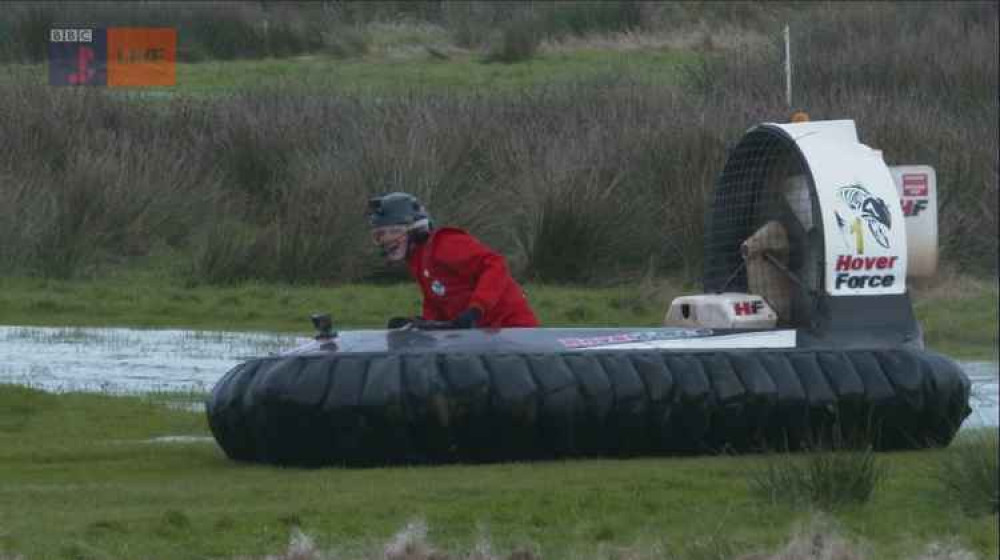 Blue Peter presenter Adam Beales tries out hovercrafting. Image: BBC.