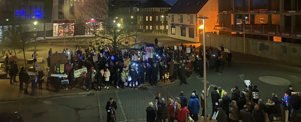 Around 200 people gathered outside the town hall to make their protest over the future of the Thameside Theatre.