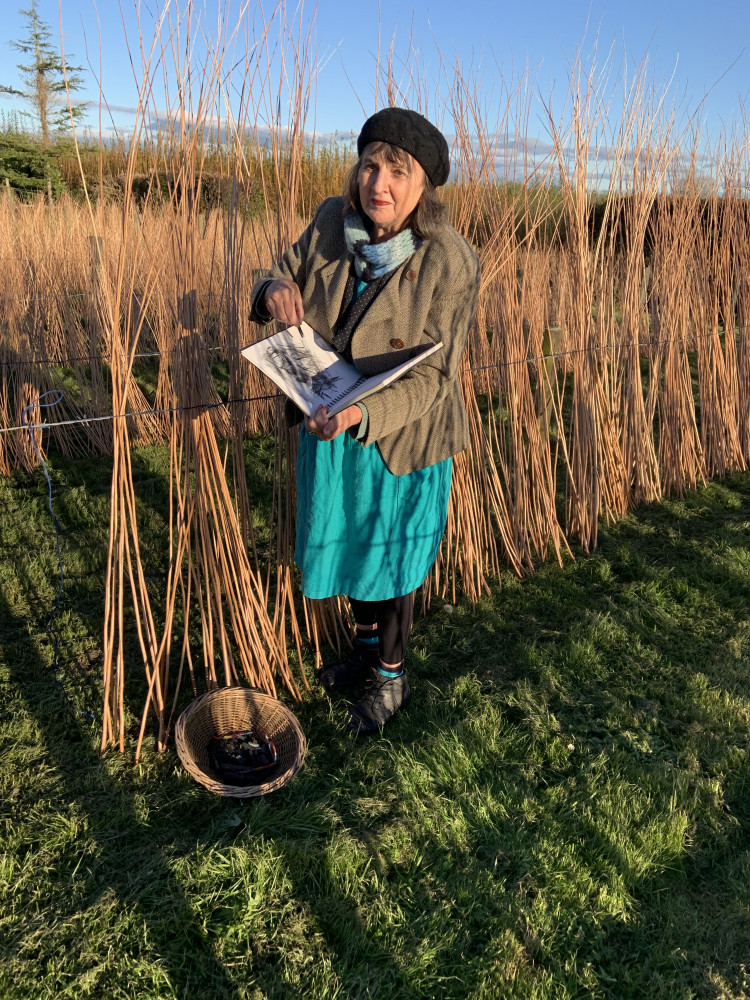 The artist drawing stripped willow drying outdoors