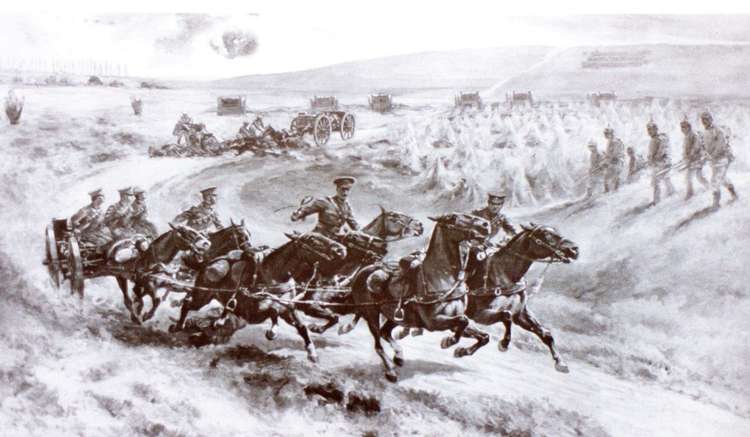 A print of the gun team going forward.  Cobey is shown already fallen