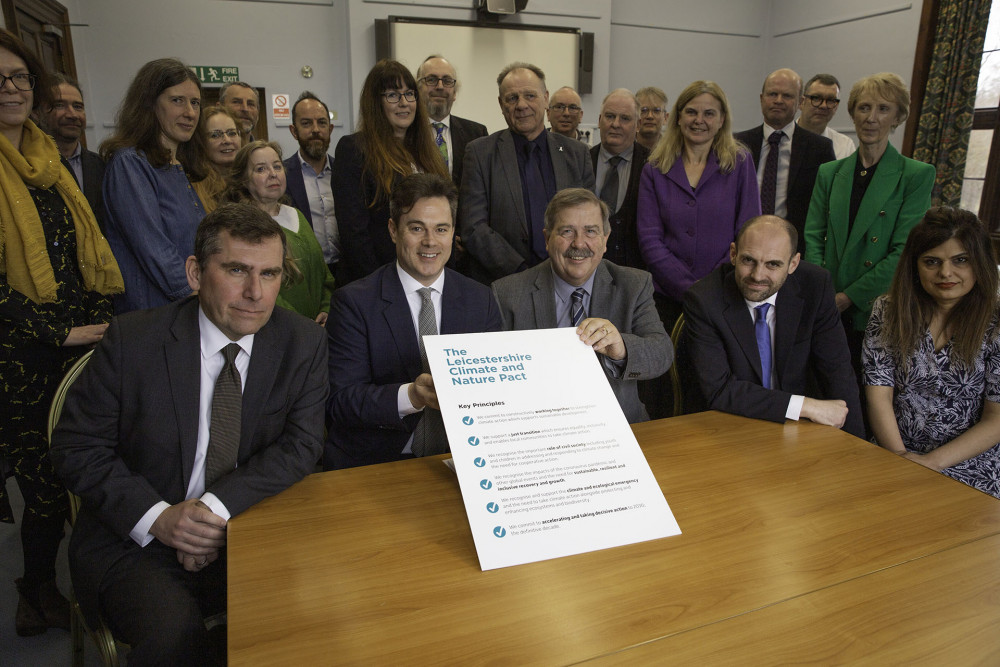 Signatories to the Pact at the launch: Front from left - Councillor Jonathan Morgan, leader of Charnwood Borough Council; Councillor Blake Pain, Leicestershire County Council cabinet member for the environment and the green agenda; Councillor Terry Richardson, leader of Blaby District Council; Councillor Andrew Woodman, community services portfolio holder at North West Leicestershire District Council; Samia Haq, deputy leader of Oadby & Wigston Borough Council.  Middle row: Louise Driver, Dr Miriam Stoate, Mary-Louise Harrison, Sylvia Royle, Councillor Les Phillimore, Professor Sarah Davies, Anne Court.  Back row: Gavin Fletcher, Julia Marshall, Professor Chris Stoate, Nick Wakefield, Richard Blanchard, Nik Hunt, Councillor Martin Cartwright, Ben Dodd, Mark Charlton.