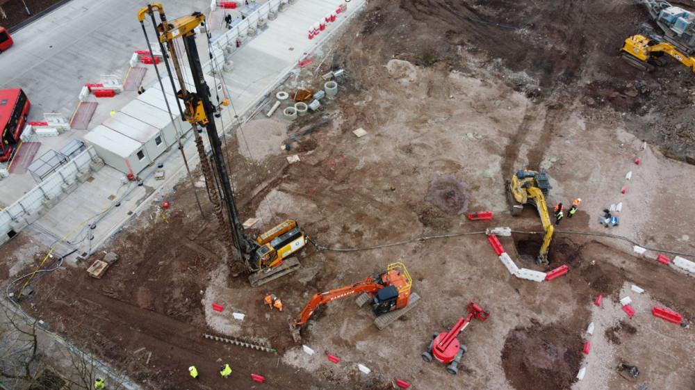 An aerial shot of the piling works at the Royal Arcade site (image - Cheshire East Council)