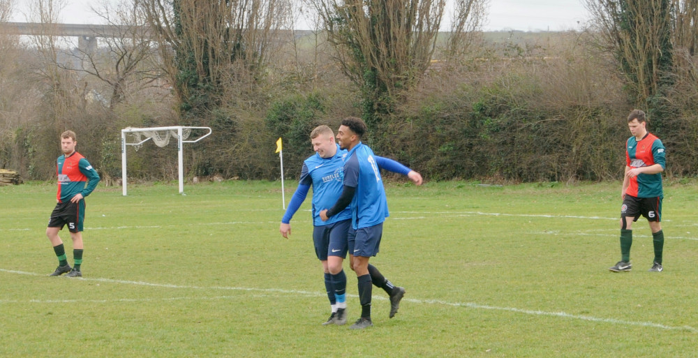 Tattingstone's  Isaac Keinzley and Lesal Thompson celebrate before it all went wrong (Picture: Nub News)