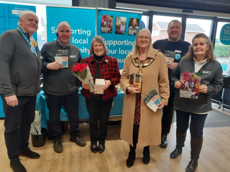 Fiona Bruce MP and Sandbach Mayor, Cllr Kathryn Flavell with other Co-op representatives at Saturday's event. 