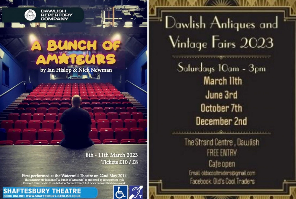 L: A Bunch of Amateurs poster (Shaftesbury Theatre). R: Dawlish Antiques and Vintage Fair flyer (Old's Cool Traders)