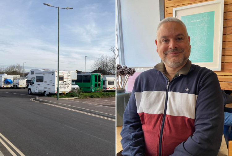 L: Motorhomes at Exmouth lorry park (Nub News/ Will Goddard). R: Cllr Bruce de Saram (Bruce de Saram)