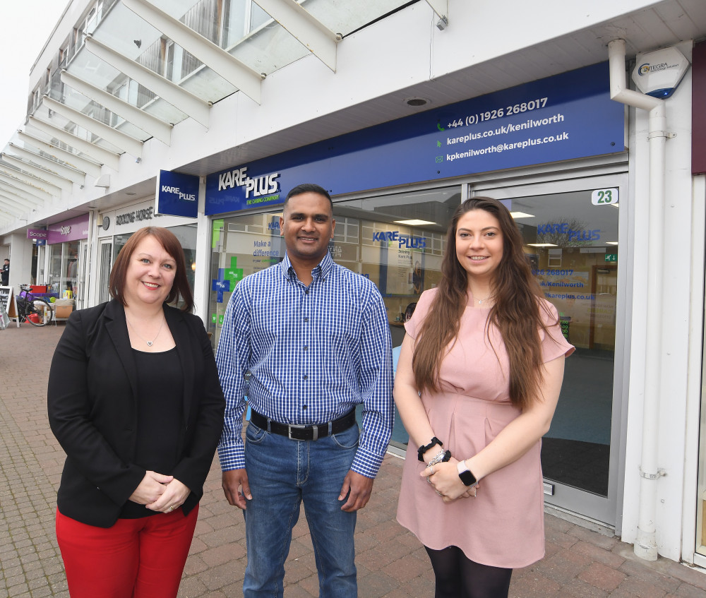 From left: Tracey Frisby, Kavi Pryagh, and Eliza Brown outside Kare Plus Kenilworth (image via Advent PR)