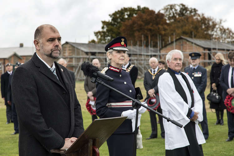 Ian Flint, the CEO of Stow Maries, welcomes the parade (Photo: Stow Maries Great War Aerodrome)