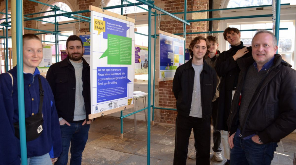 Called Open Frame, the teal-coloured scaffold-based structure, designed by the students, serves as an inviting and adaptable multiple-purpose space to host events and showcase information (Credit: Kingston University)